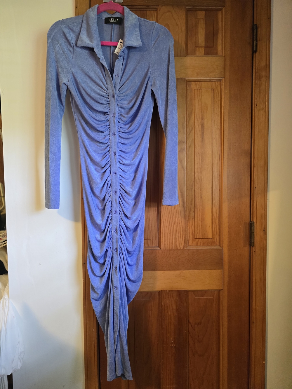 Akira Lavender Ruched Button-Front Long Sleeve Dress - Picture 4 of 16